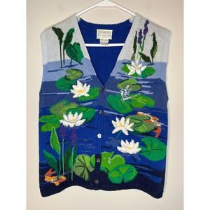 1996 Susan Bristol Koi Pond Lily Pads Dragonfly Sequin Scenic Sweater Vest S